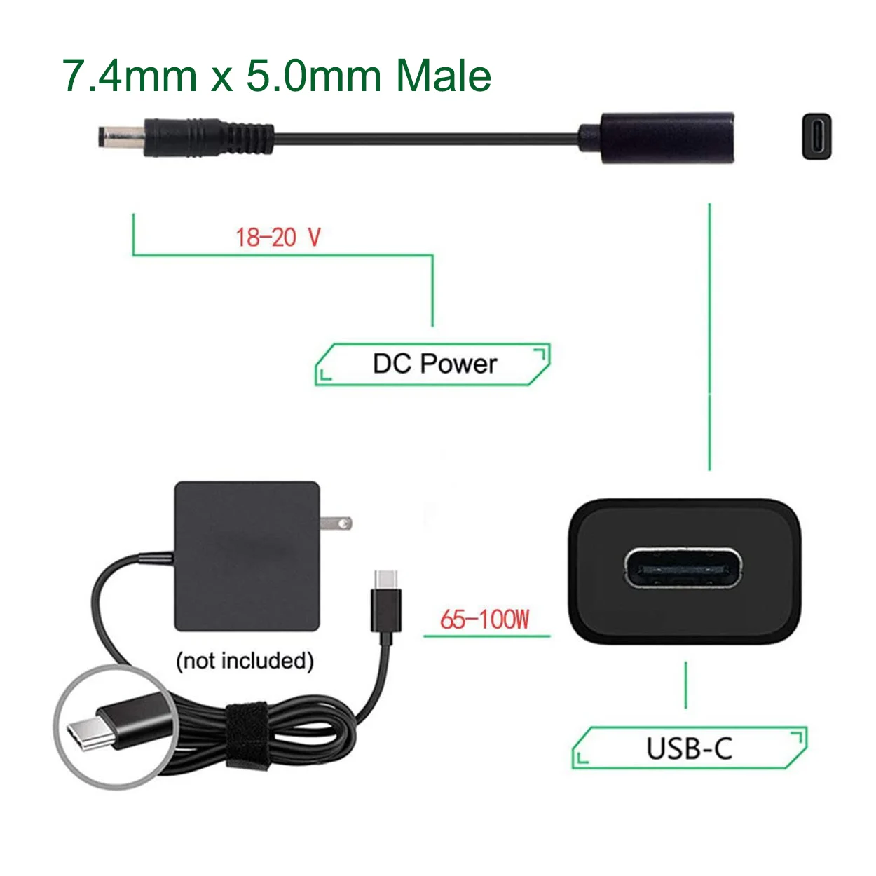 DC PD Power USB-C Type C 3.1 Female Input to 7.4mm x 5.0mm Male Charge Adapter Cable for Laptop 18-20V 65W