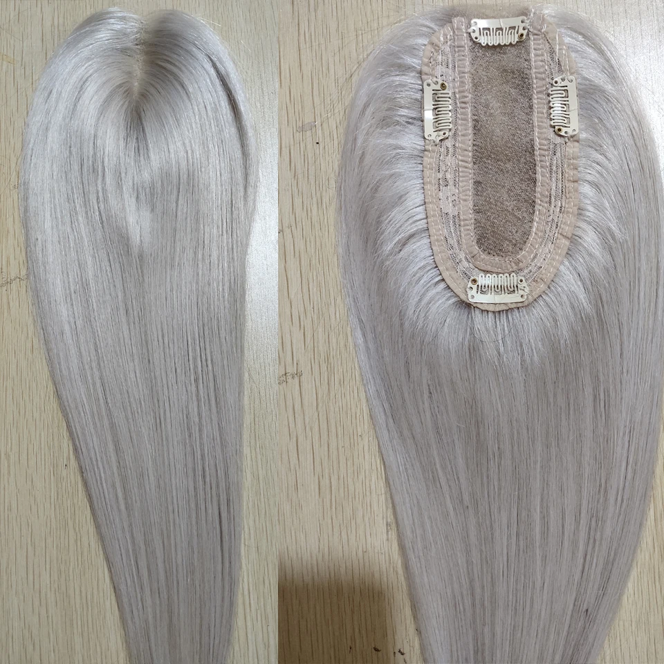 Light Grey Hair Topper Human Hair Hair Pieces 13*15cm 8-16inches Straight Hair lace +Machine Remy Hair Clips for Women Toupee