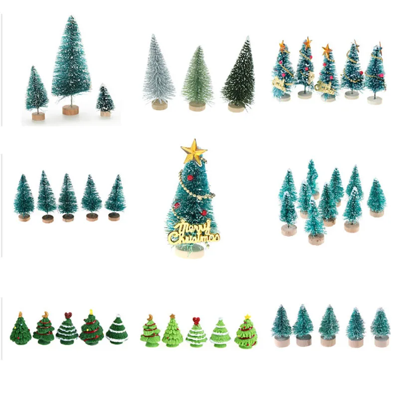 1-12pcs Small DIY Christmas Tree Fake Pine Tree Mini Sisal Bottle Brush Christmas Tree Santa Snow Frost Village House