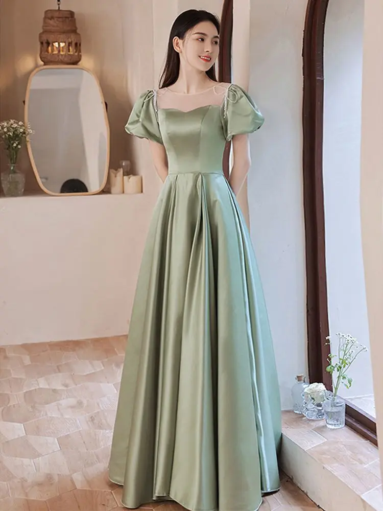 Elegant พัฟแขนชุดราตรีสำหรับผู้หญิงสีทึบ Patchwork สแควร์คอ A-Line Lace Up Slim ชุดวันเกิด Party Gowns