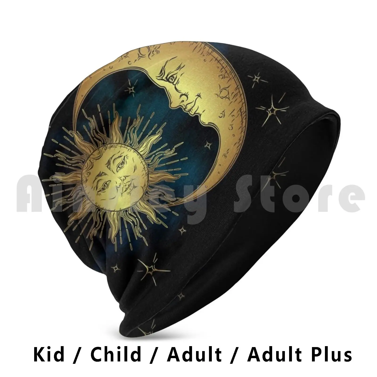 The Sun , Moon And Stars Beanies Knit Hat Hip Hop Sun Moon Stars Night Sky Celestial Mystic Gold Magical