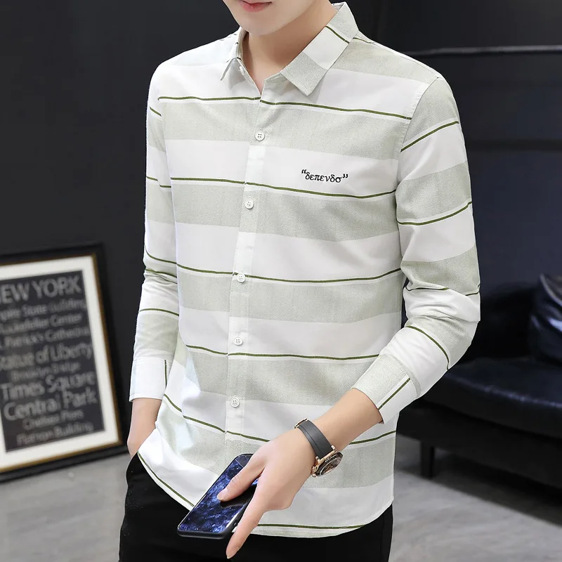 

Autumn Spring Lapel Clothes Cotton High-end Stripe Shirt Men's Long Sleeves Business All-match Letters Printing Casual Cardigan