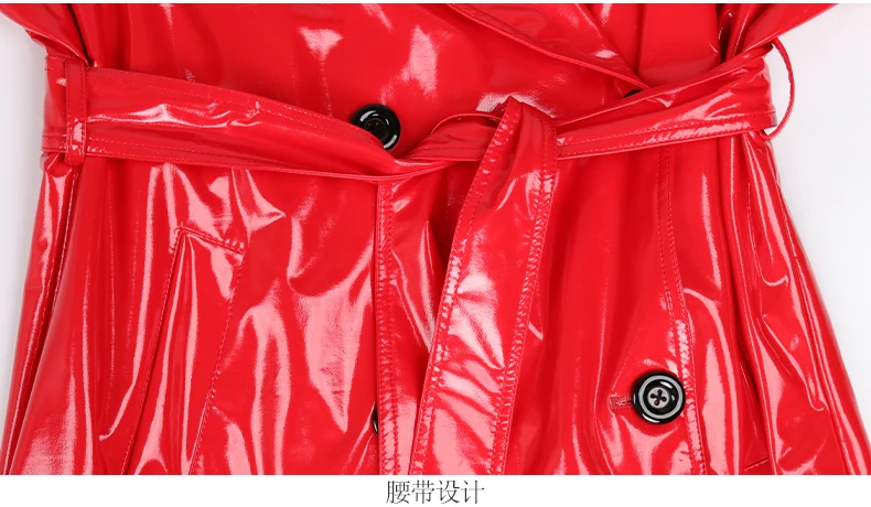 Nerazzurri Autumn Extra Long Soft Red Reflective Shiny Patent Leather Trench Coat for Women Double Breasted Maxi Korean Fashion