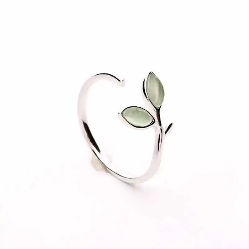 Women's 925 Sterling Silver Green Opal Leaf Open Ring