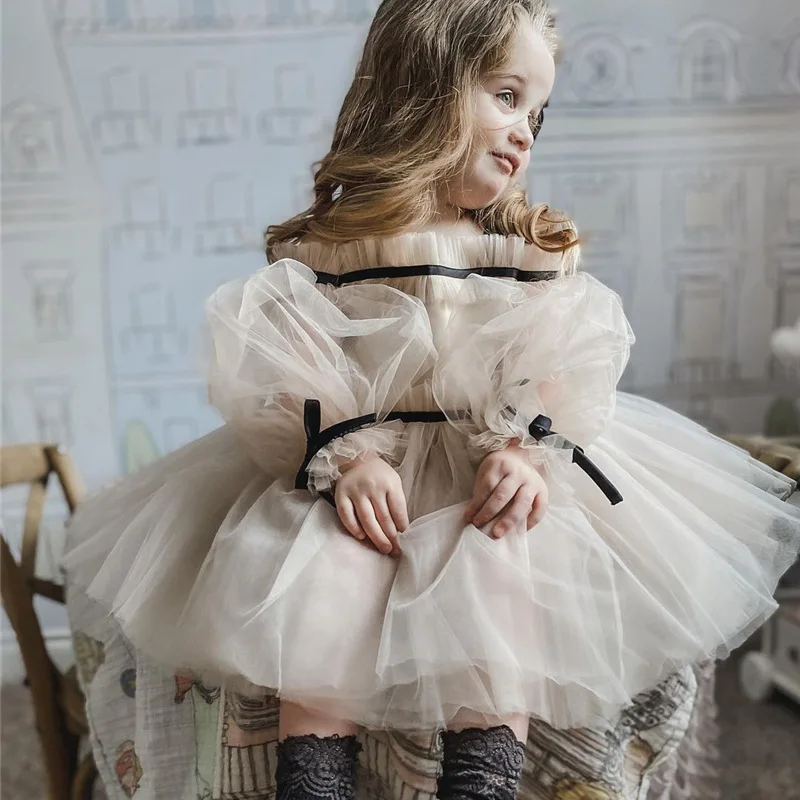 Flower Girl Spanish Dress Children Wedding Dresses For Teen Girls Boutique Elegant Ball Gowns Kids Tulle Bubble Sleeves Vestidos