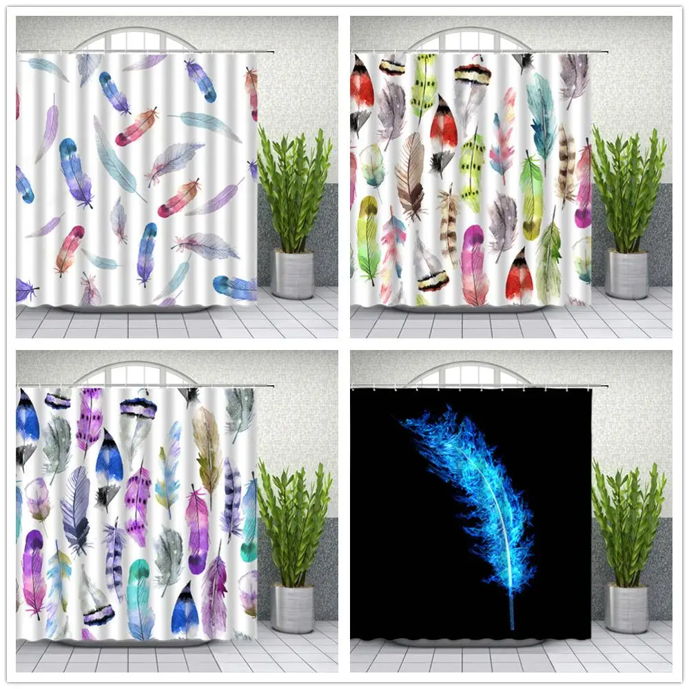 Feather theme Shower Curtains Colorful feather Beautiful birds wing 3D printing Bathroom Decor Waterproof Cloth Curtain Set