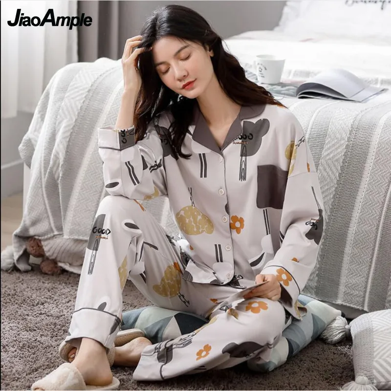 Women's Cotton Pajamas 2022 Spring Autumn Print Casual Pijamas Set Female Cardigan Sleepwear Cute Nightwear Home Clothes Suits