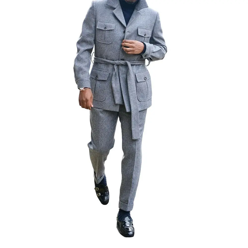 Costume Homme Two-pieces Woolen Cloth With Belt Business Casual Men Suits Custom Made Suit Formal Wedding