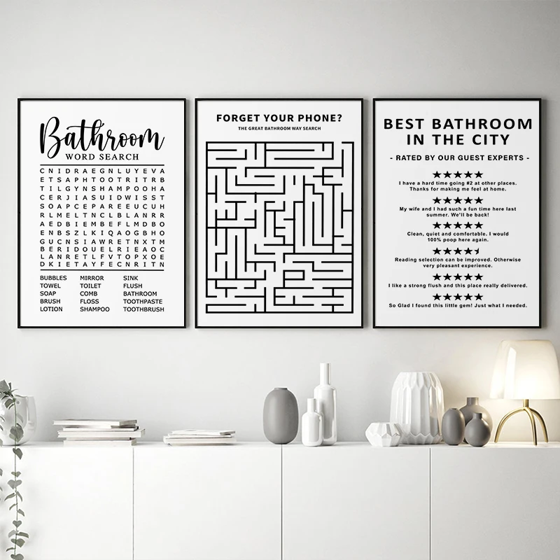 

Black White Minimalist Wall Art Canvas Poster and Print Forget Your Phone Bathroom Word Search Painting Picture for Toilet Decor