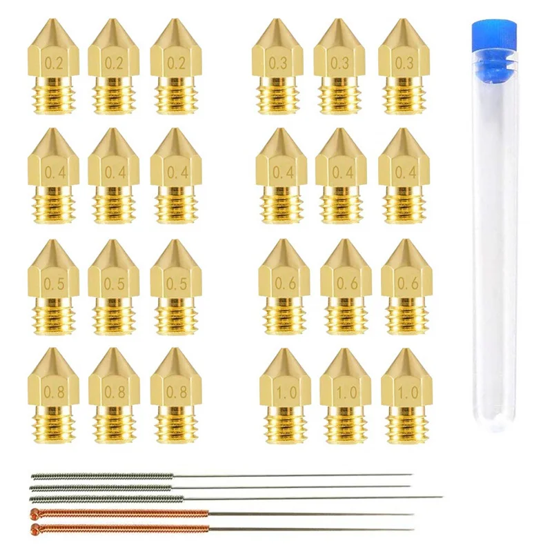 22pcs 3D Printer MK8 Brass Extruder Head Hotend Nozzles 0.2/0.3/0.4/0.5/0.6/0.8/1.0mm &5pcs Cleaning Needles fit 1.75mm Filament