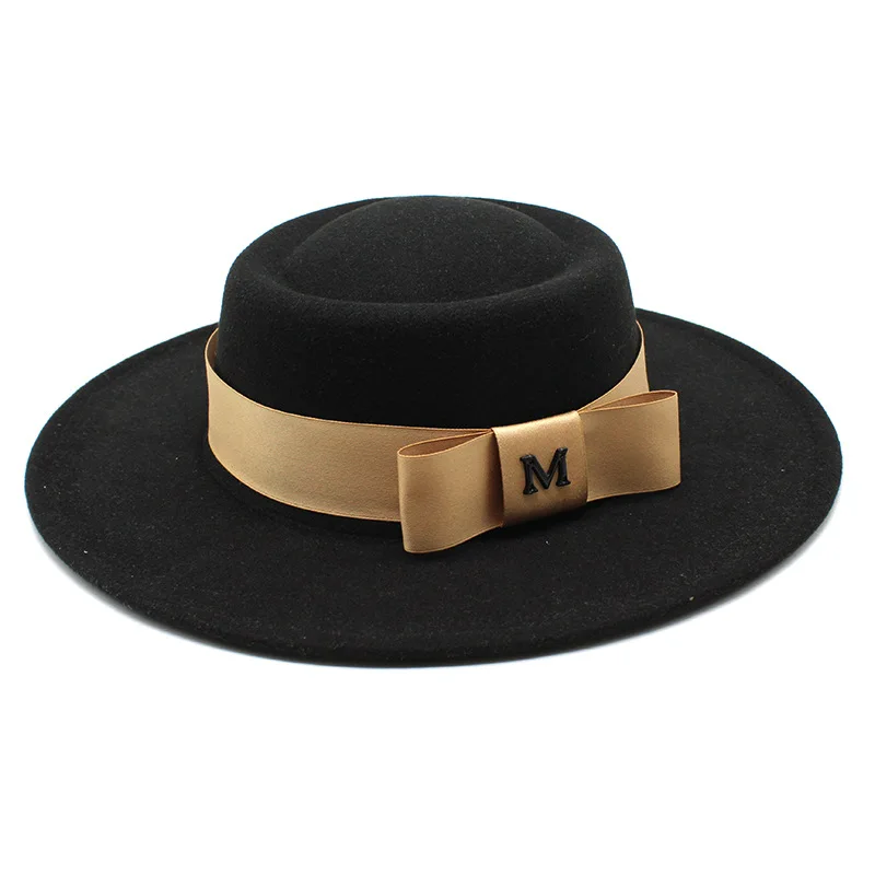 8.5cm top hat women\'s dome fedora hat men and women M chain fashion flat top woolen hat British retro wool felt hat