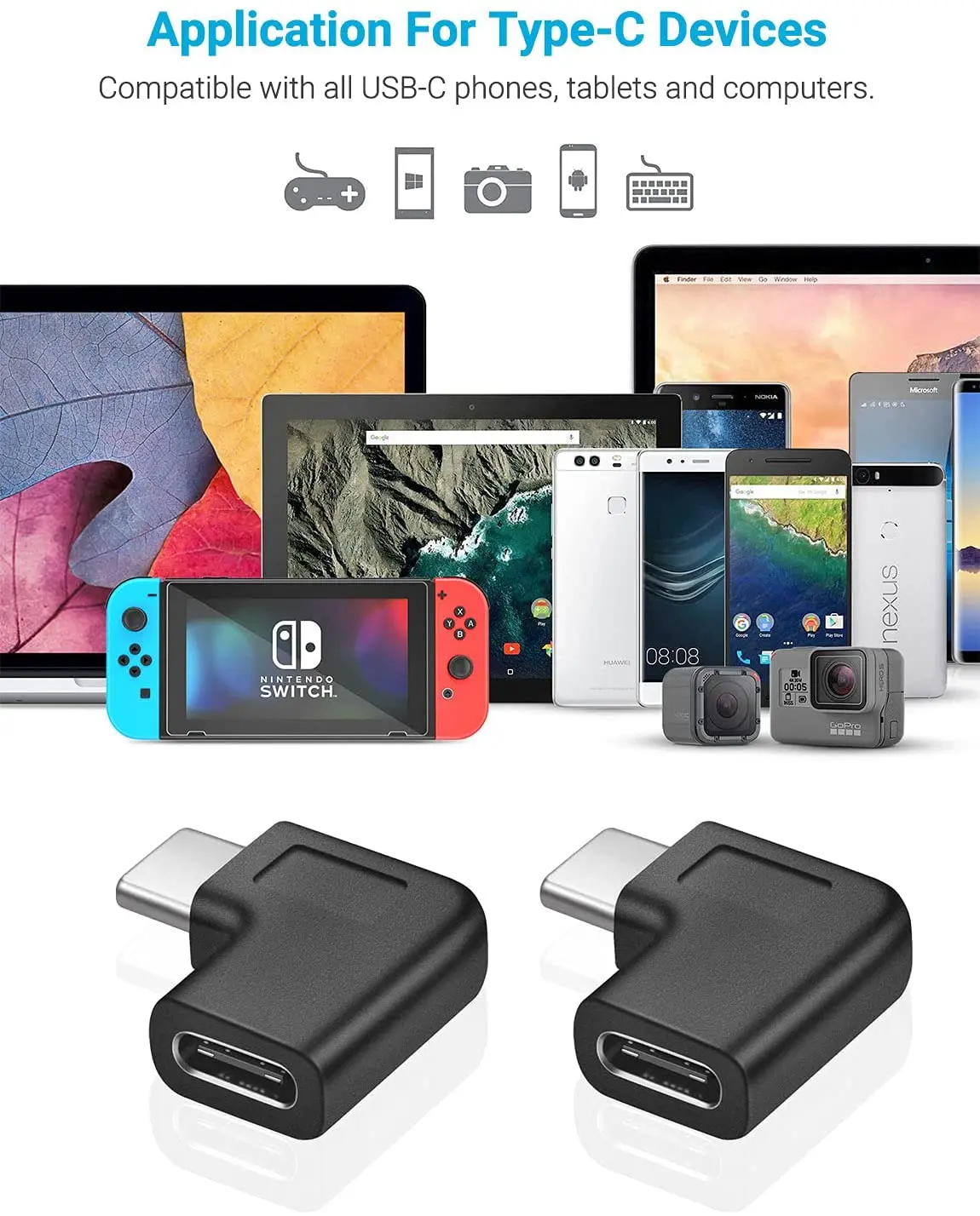 노트북 태블릿 모바일용 USB C 직각 어댑터, 수-암 컨버터 확장, 90 도, 2 팩