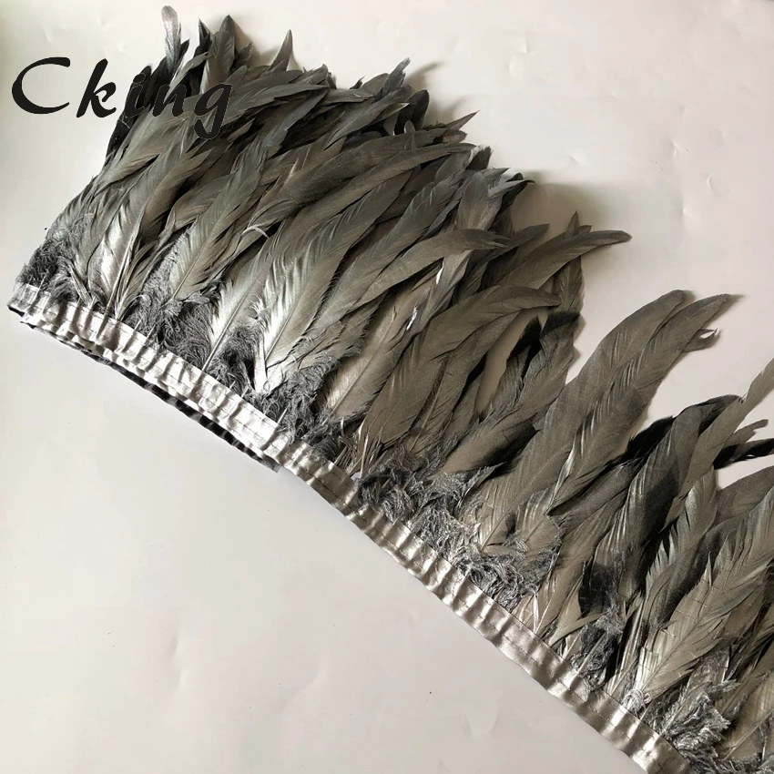 15-20cm 6-8Inches Chicken Feather Trims Pack Of 2 Meters Silver Paint Spray Coque Feathers Fringes Sewing On Ribbon Natural Lace