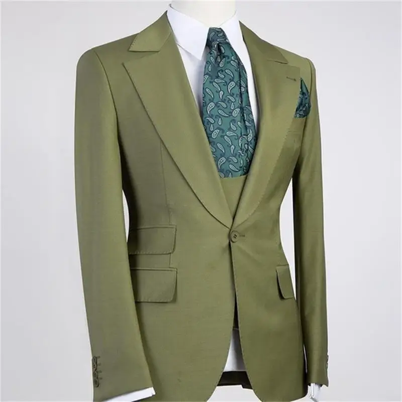 

Latest Design Green Peal Lapel With One Button Men Suits 3 Pieces Costum Homme Groom Tuxedos Terno Masculino Slim Fit Blazer