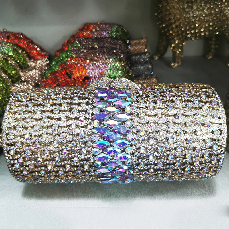 

Cylindrical Shape Evening Clutches Bags WHTUOHENG Sliver And Gold Wedding Bridal Purses Rhinestone Party Women’s Diamond Bag
