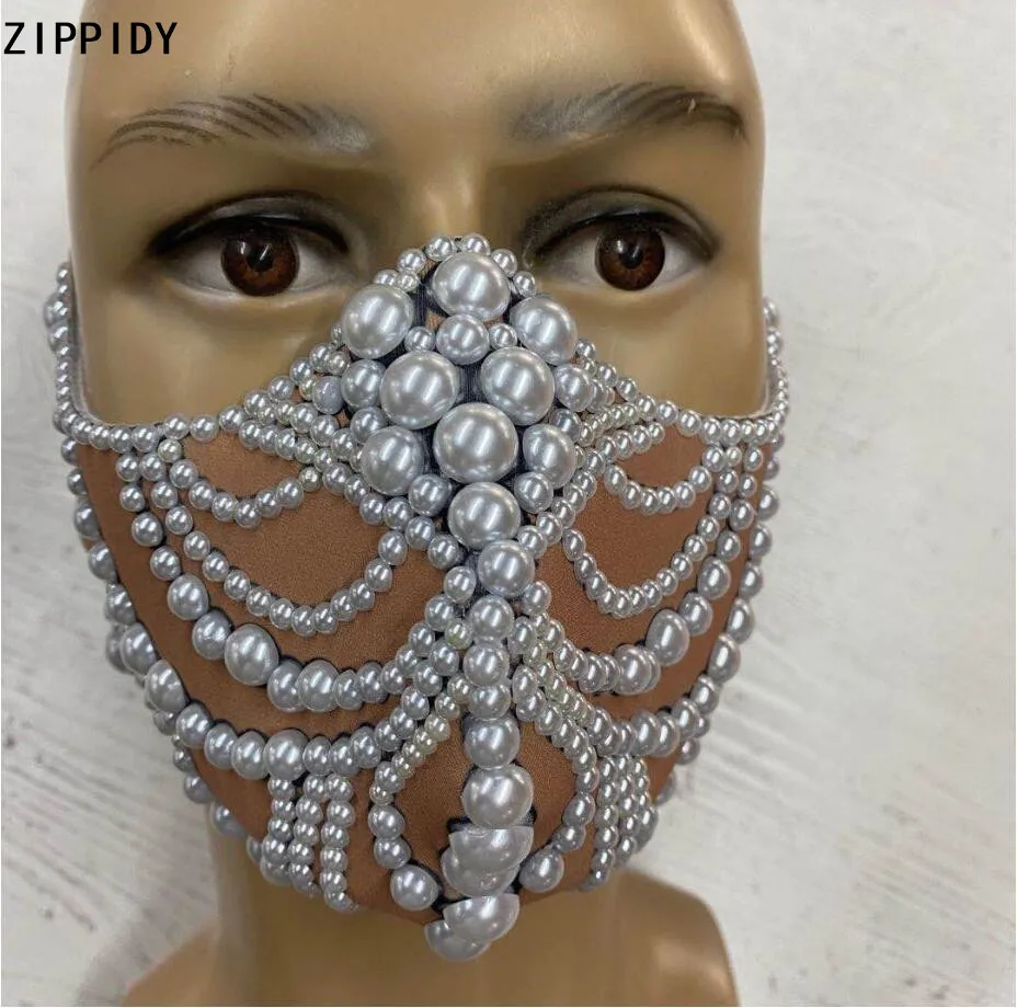 

Fashion Big Pearls Stones Mask Women Singer Dancer Face Costume Prom Party Show Cosplay Club Rhinestones Masks