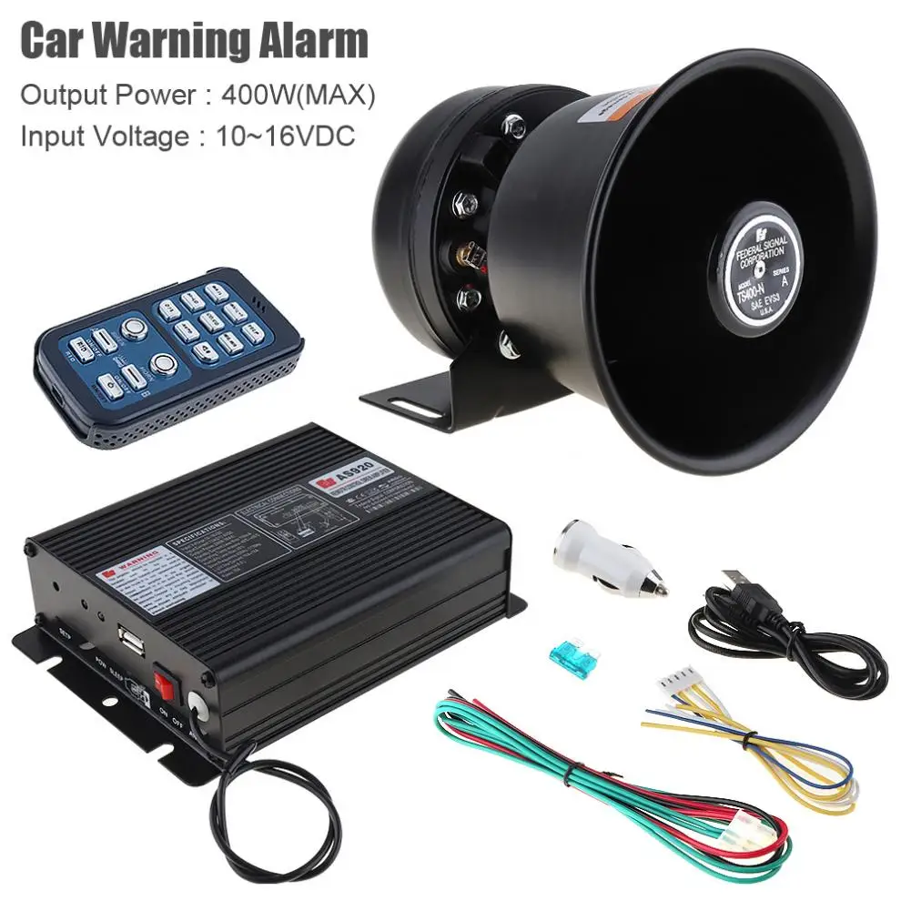 

400W 18 Tone Loud Car Warning Alarm Police Siren Horn Speaker Auto Horn 12V with MIC System and Wireless Remote Control