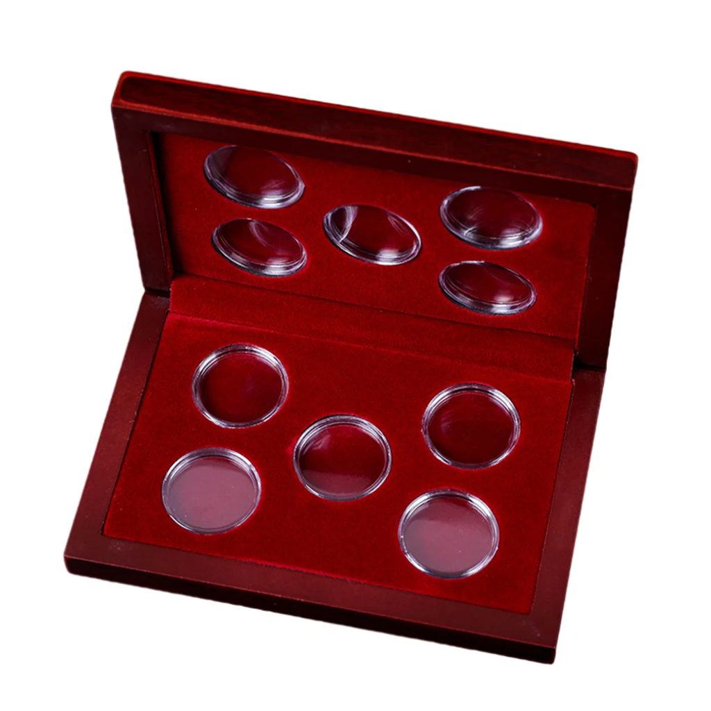 Coins Holder, Wooden Coins Storage Box for Collectible Commemorative Coin with 10pcs Capsules