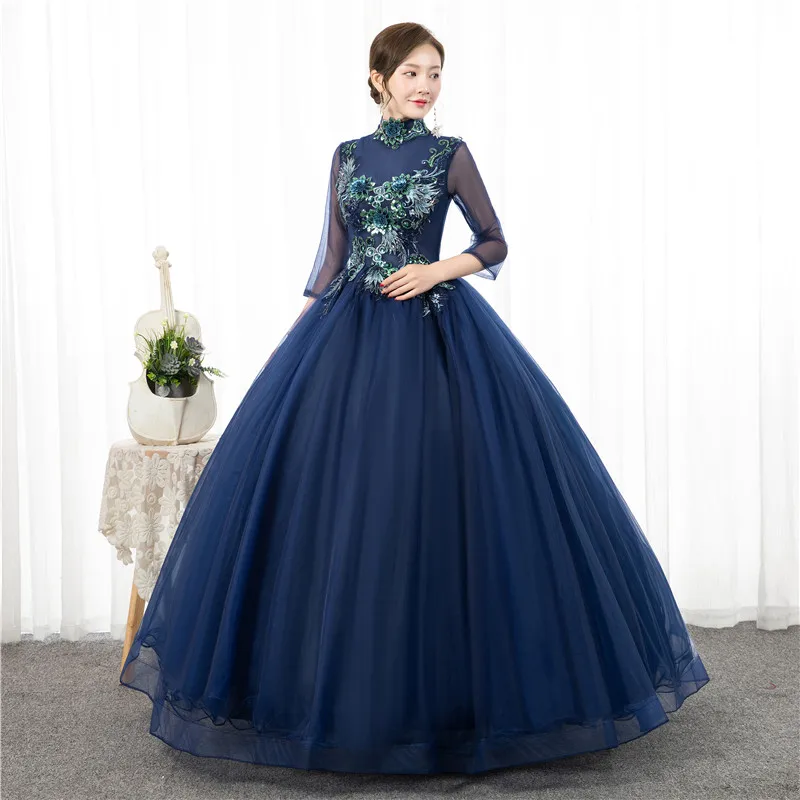 Bloemenprint Quinceanera Jurken Marineblauw A-lijn Drie Kwart Lace Up Prom Dress Puffy Masquerade Baljurken