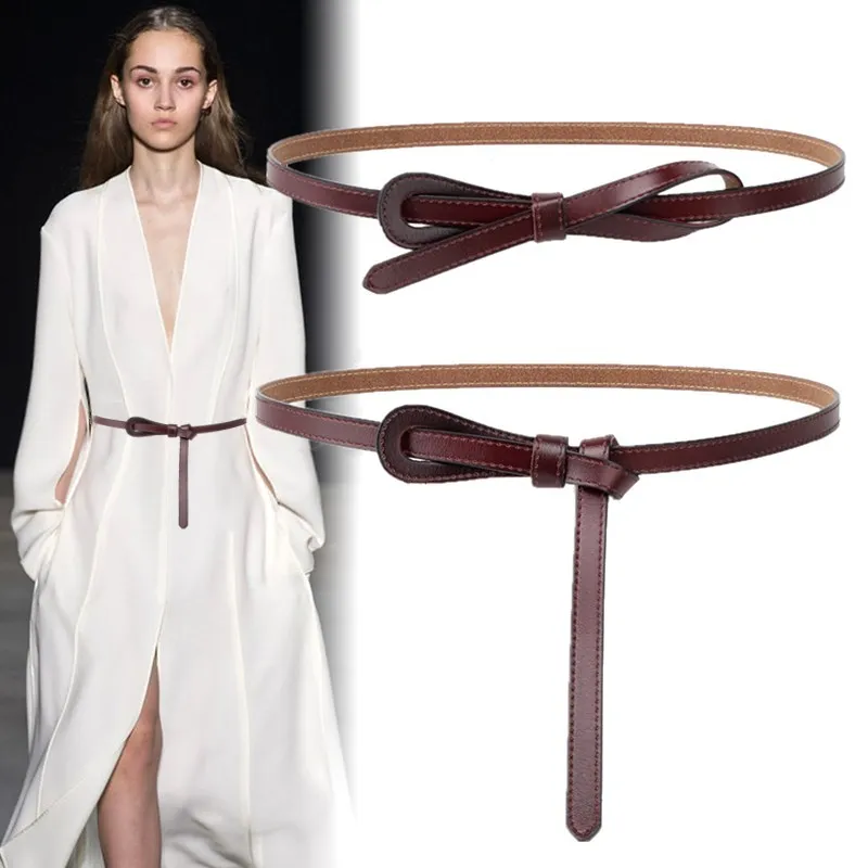 

Genuine Leather Thin Belt Female Designer Dress Belts For Women Waist Long Knot Corset Ceinture Femme Waistband Cinturon Mujer