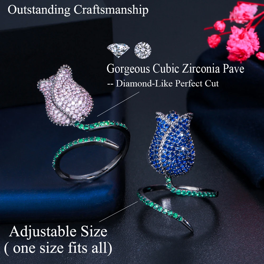 BeaQueen Charming Tulip Flower Adjustable Open Rings for Women Fashion Pink Green Cubic Zirconia Christmas Day Jewelry Gift R114