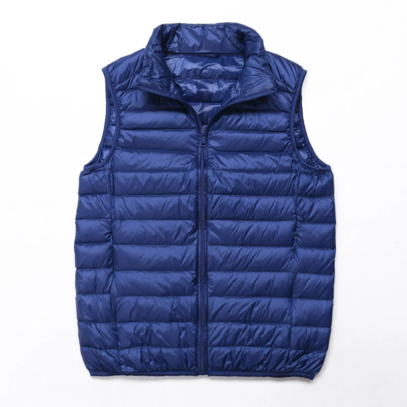 Chaleco de plumón de pato para hombre, chaqueta ultraligera sin mangas, con cuello levantado, a prueba de viento, de 0 a 10 °C, para invierno