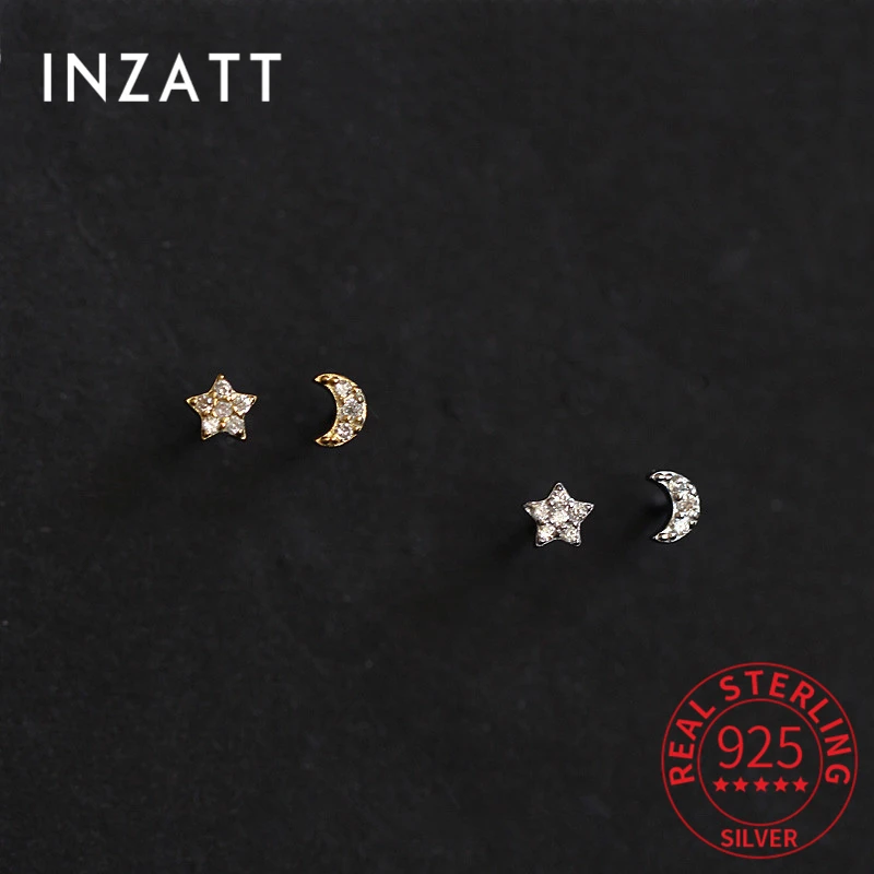 INZATT Real 925 Sterling Silver Zircon Moon Star Stud 14K Gold Earrings For Women Asymmetry Cute Fine Jewelry Drop shipping