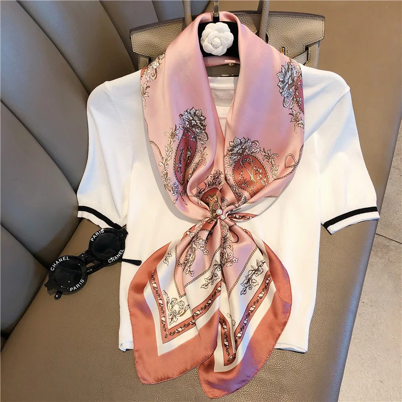 Ladies Luxury Floral Printed Elegant Large Shawl Wrap Hijab Women  Echarpe Bandana Neckerchief Square Imitated Silk Scarf 90x90