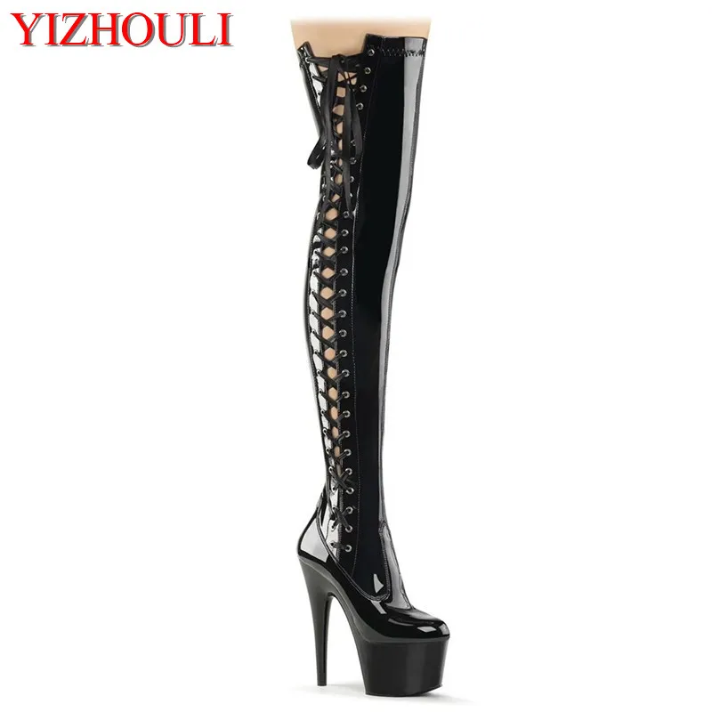 

17cm to thigh super boots, side shoelace boots, sexy model nightclub pole dancing show high heels dancing shoes