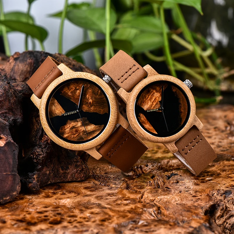 Delicate Quartz Couple Watches Thuja Wood with Blue Resin Wristwatch Men Ladies Timepieces Collection Personalized Gift BOBOBIRD