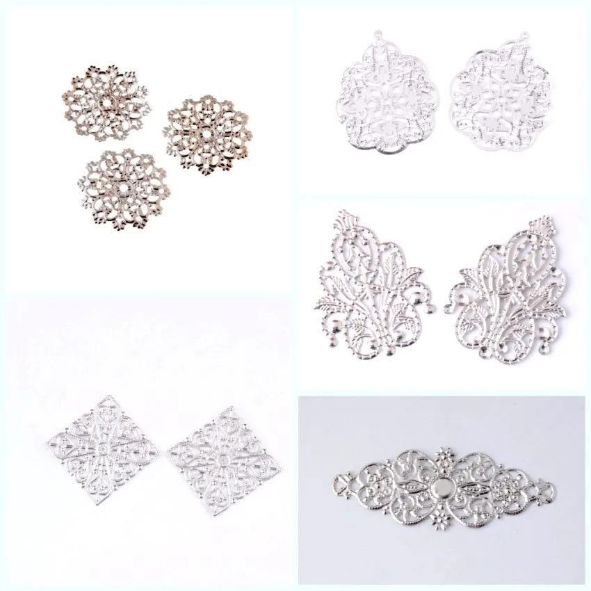 MIAOCHI Retail 5 szt. Ozdobne metalowe elementy rękodzielnicze, dekoracje na prezenty, DIY, kwadratowe, srebrne, ażurowe łączniki, puste, 4x4 cm, F0341