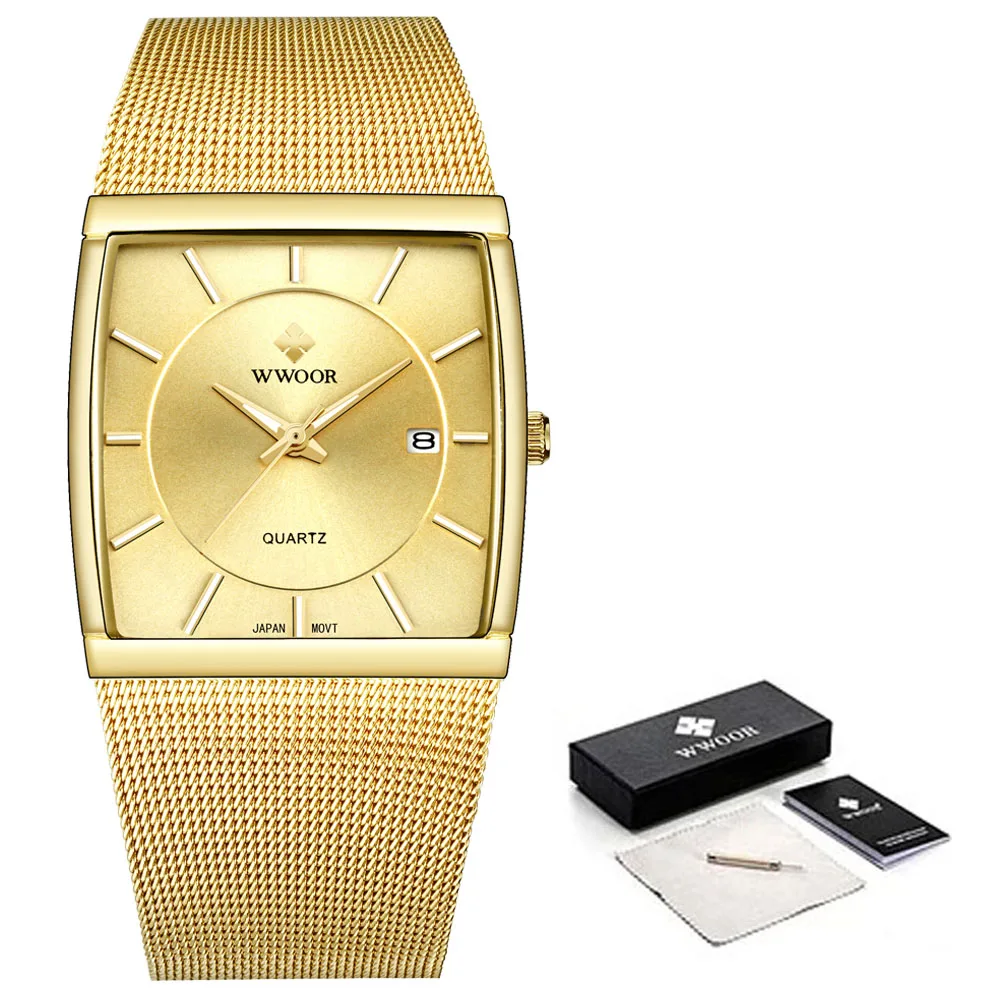 WWOOR-Reloj de pulsera de cuarzo cuadrado dorado para hombre, cronógrafo ultrafino de lujo, con correa de malla, resistente al agua, para negocios