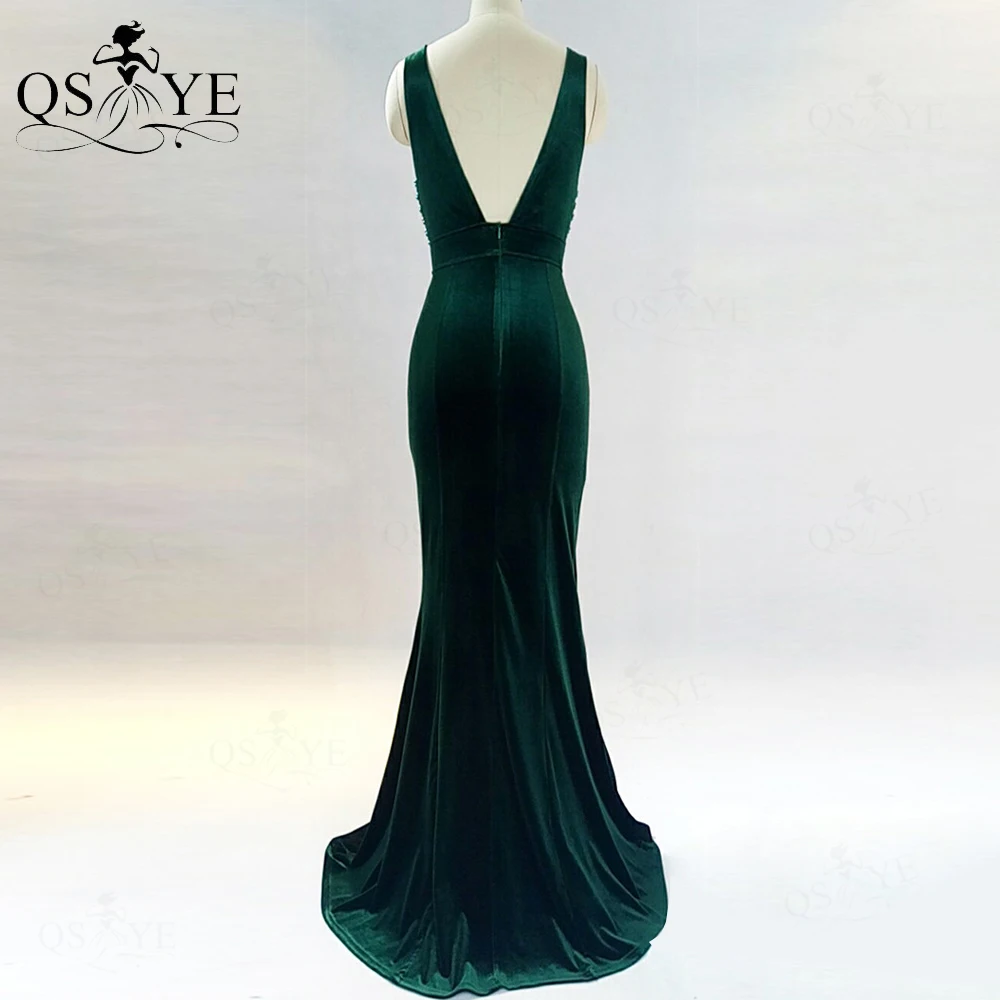 Green Pearls Evening Dress Velvet Mermaid Prom Gown Sexy V Neck Party Dress Open Back Formal Dress Sweep Train SleevelessVestido