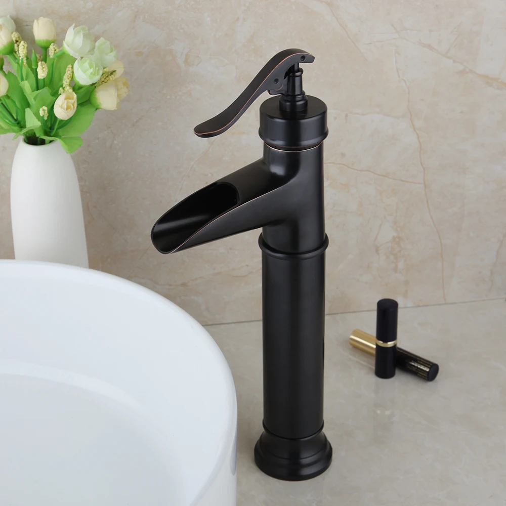 

KEMAIDI Black Bathroom Basin Faucet Black ORB Deck Mounted Basin Vessel Sinks Waterfall Mixer Tap Black Water Faucet Tap