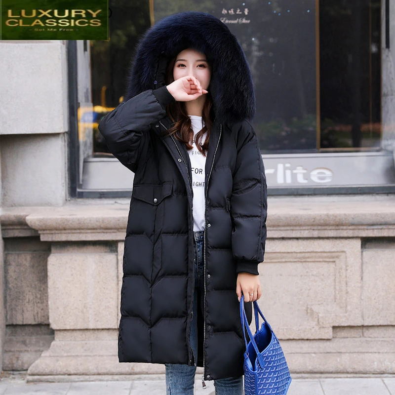 

Women's Thick Down Warm Jacket Raccoon Fur Hooded Clothes 2021 Korean Duck Down Coat Female Long Down Parka Hiver LW1580