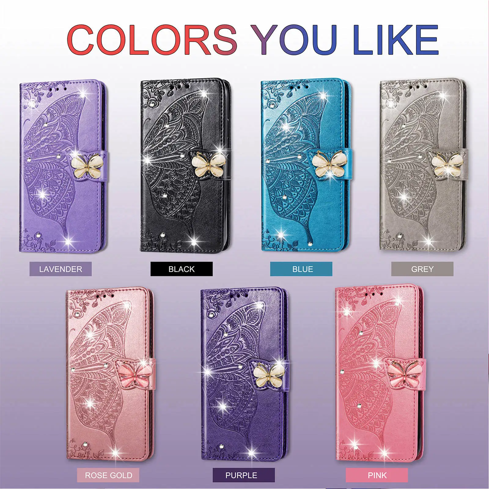 Bling Butterfly Leather Flip Cover For Samsung Galaxy S21 S20 S10 Plus Note20 Ultra A12 A21S A42 A50 S8 S9 Wallet Glitter Case