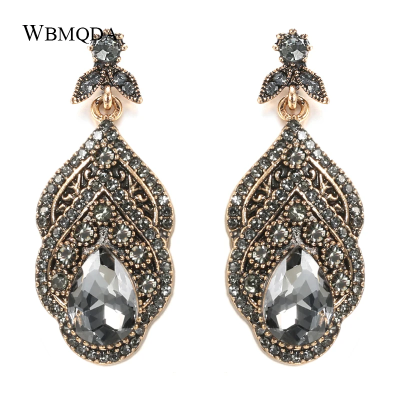 Wbmqda Vintage Crystal Flower Drop Earring For Women Ethnic Bride Jewelry Antique Gold Color Dangle Earring Arabesque Bijoux