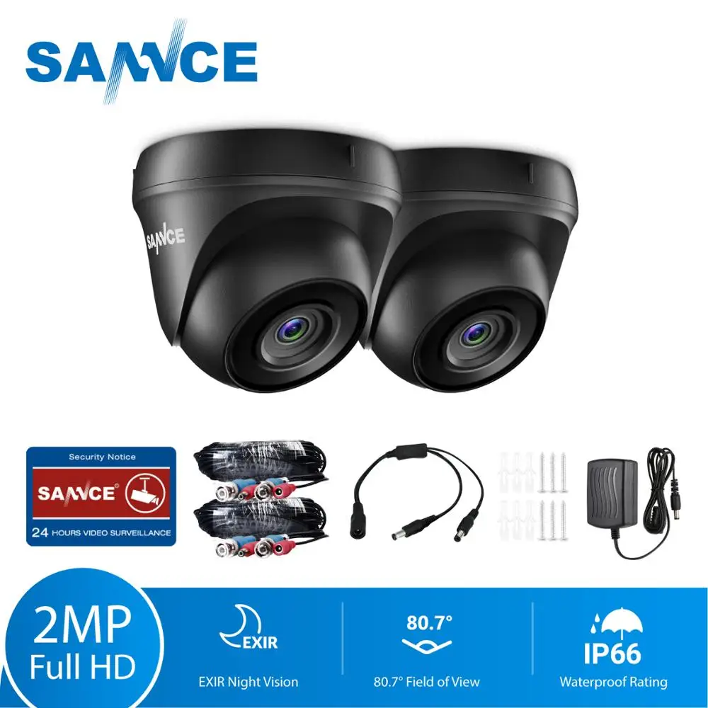 SANNCE 2pcs AHD 1080P HD 2.0MP CCTV Security Cameras H.264 Waterproof Indoor/ Outdoor Dome Surveillance Cameras set Black Color