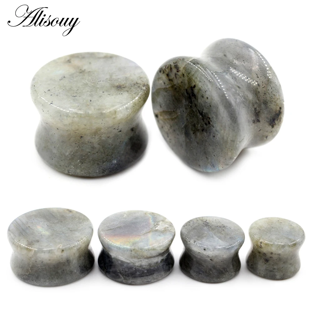 Alisouy 2pcs 6-22mm Round Natural Spectrolite Stone Ear Tunnels Plugs Expander Stretcher Earrings Gauges Body Piercing Jewelry