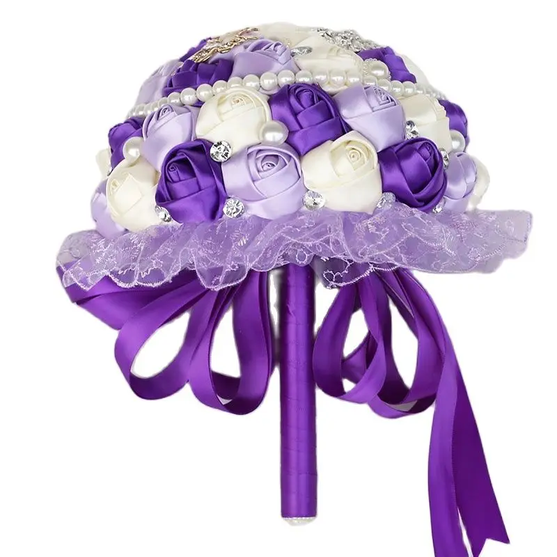 Zijde Kralen Crystal Purple Bruidsboeketten Holding Kunstmatige Rose Bloemen Stitch Paars Bruidsboeket Custom W280