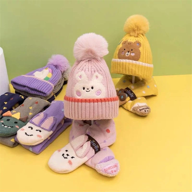 2PCS Set Baby Hat Scarf Winter Warm Thick Knitted Cap Cartoon Dinosaur Bunny Beanies Scarf For Children Girls Boys Baby Clothing