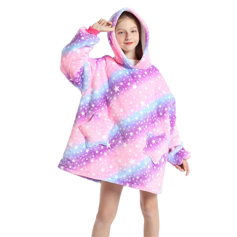 Winter Sherpa Blanket Hoodie Baby Kids Sleepwear Robe Flannel Warm Bathrobe For Girls Boys Pajamas Children's Dressing Gown