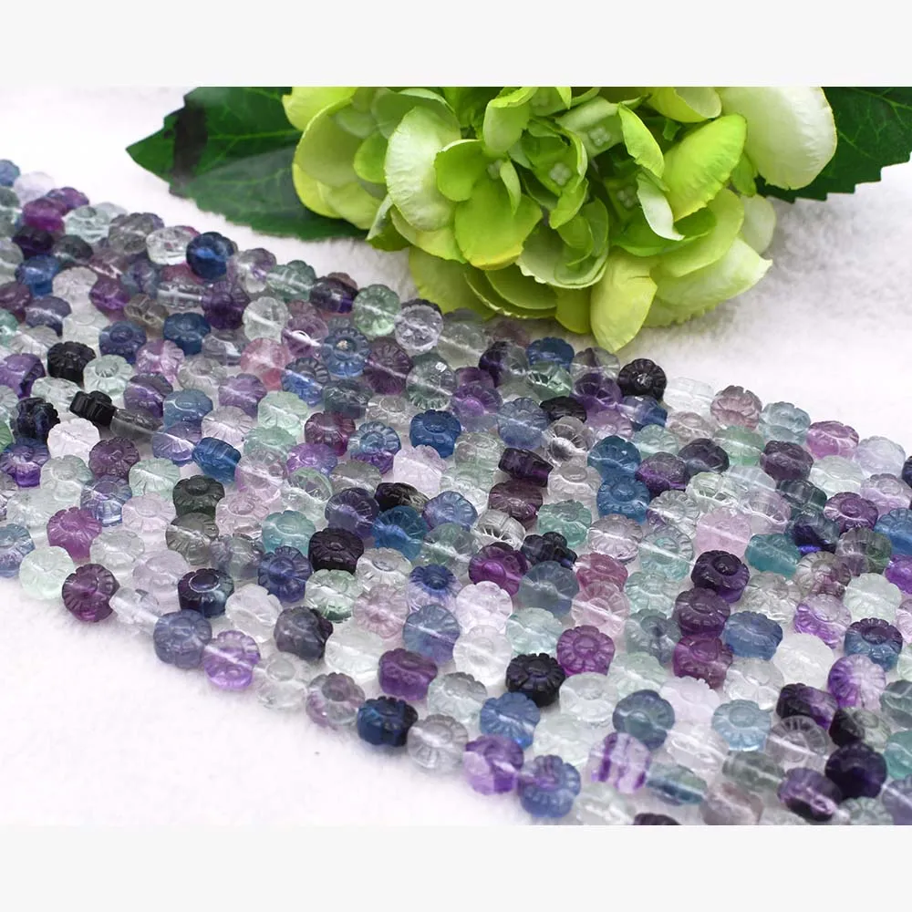 

10-15mm High Quality Natural Lace Purple Blue Green Rainbow Lace Fluorite Stones Flower Floral Carving Necklace Bracelets Beads