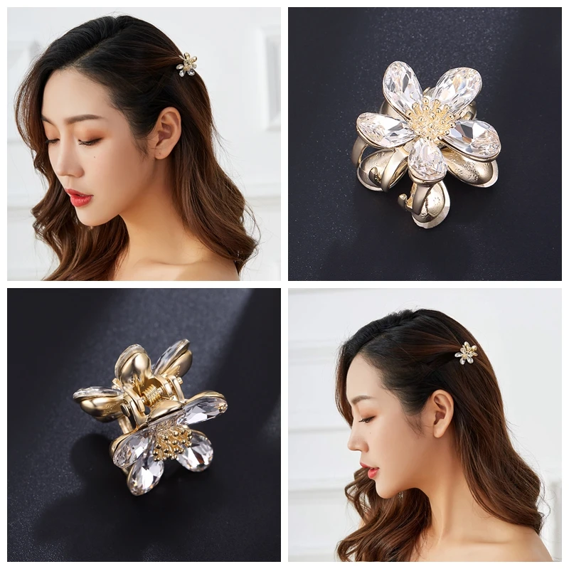 CHIMERA Cute Small Flower Hair Claw Clips Elegant Rhinestones Crystal Hairgrip Metal Clamps Accessories for Girl Women Ornament