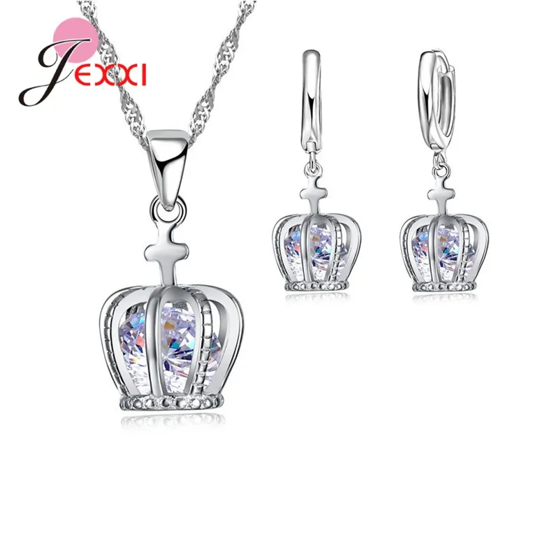 Free ship  New Jewelry Set 925 Sterling Silver Cross Crown Pendant Necklace Korea Lever Back Earring Woman Gift