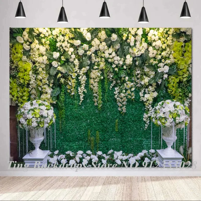 Wedding Flowers Wall Stage Photography Background Marriage Couple Green Grass Wall Backdrops Vinyl Poster For Photo Studio