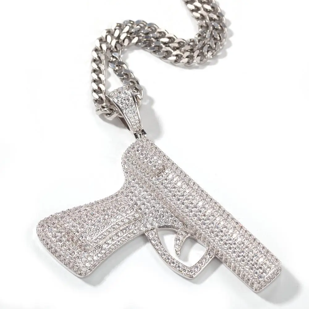 Hip Hop Paved Full AAA Cubic Zirconia Bling Ice Out Handgun Pendant Necklaces for Men Jewelry Fashion Gifts Gold Silver Color