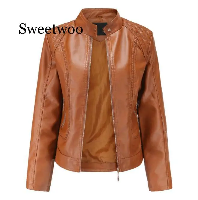 

New 2020 spring and autumn OL stand collar stand collar leather jacket women coat PU jacket autumn jacket black red