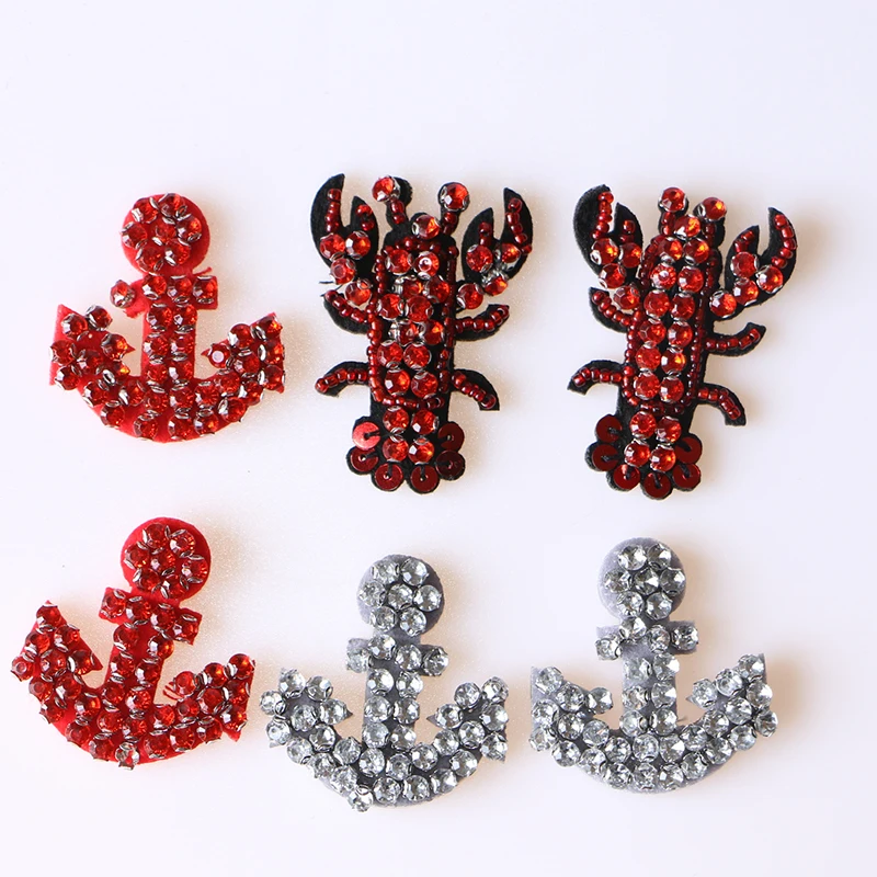 Cartoon Decorative Patch Red Anchor Lobster Beaded icon Embroidered Applique Patches For DIY Iron on Badges Stickers on backpack