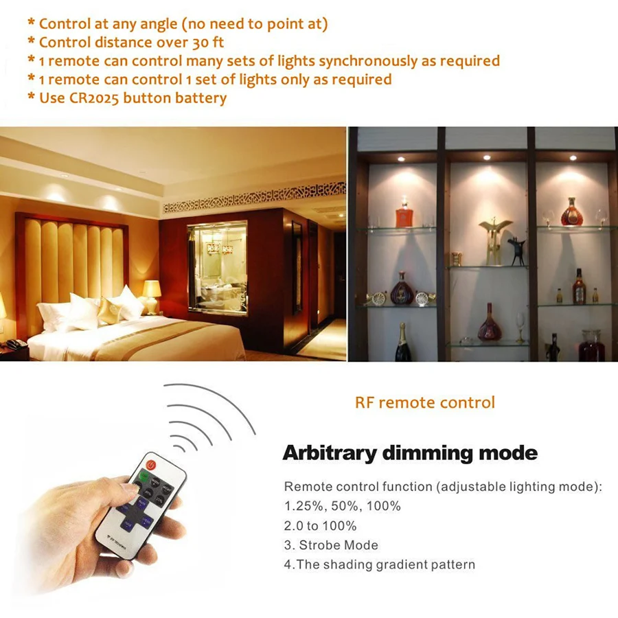 DC12V Dimmable LED Under Cabinet Lighting with Remote Control LED Puck Lights Kitchen Cabinets Counter Cabinets Bookshelf Lamp